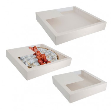 Weiße quadratische Konditoreidose mit Fenster