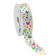 Cinta para envolver regalos satén de una cara, 25 mm x 25 m, blanco con estampado "Flores y mariposas, por unidad